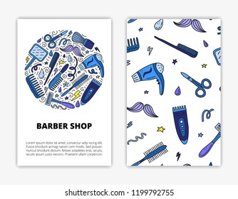 Card templates with doodle colored barber shop icons. Used clipping mask.