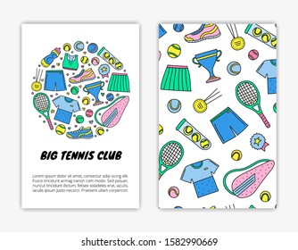 Card templates with doodle colored big tennis and sport items, equipment, clothes. Used clipping mask.