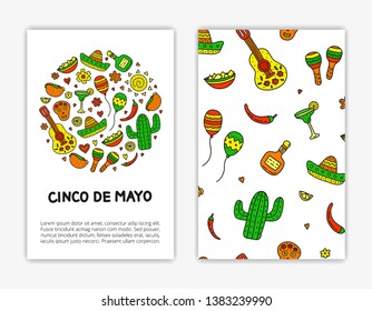 Card templates with doodle colored Cinco de mayo icons. Used clipping mask.