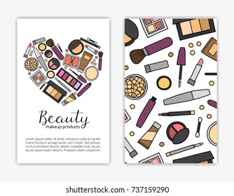 Card templates with doodle colored decorative makeup products. Used clipping mask.