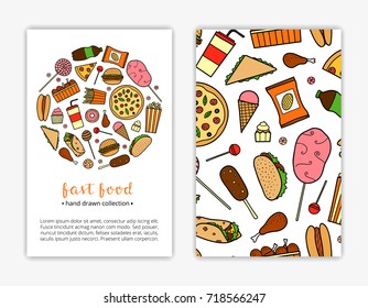 Card templates with doodle colored fast food items. Used clipping mask.