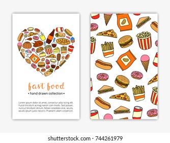 Card templates with doodle colored fast food items. Used clipping mask.