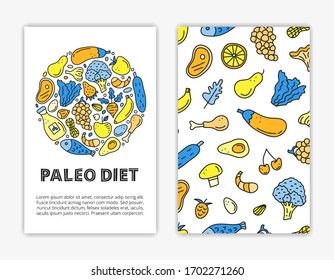 Card templates with doodle colored paleolithic foods. Low carbs, high fats nutrition. Used clipping mask.