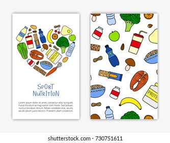 Card templates with doodle colored sports nutrition products. Used clipping mask.