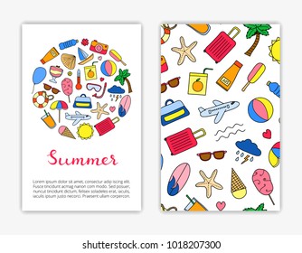 Card templates with doodle colored summer and vacation items. Used clipping mask.