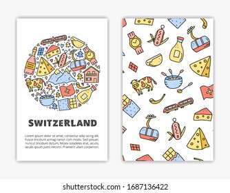 Card templates with doodle colored Switzerland travel icons. Used clipping mask.