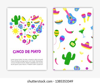 Card templates with doodle colorful Cinco de mayo icons. Used clipping mask.