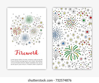 Card templates with doodle colorful composition of fireworks. Used clipping mask.