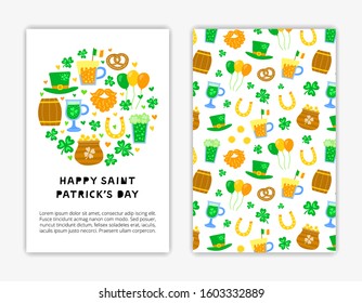 Card templates with doodle colorful items for Saint patrick's day celebration. Used clipping mask.