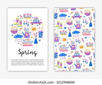 Card templates with doodle colorful spring icons. Used clipping mask.
