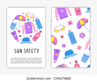 Card templates with doodle colorful sun safety icons. Used clipping mask.