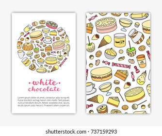 Card templates with doodle colorful white chocolate and vanilla desserts, sweets. Used clipping mask.