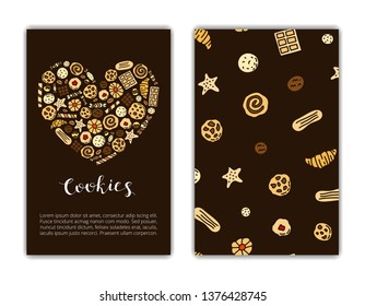 Card templates with doodle cookies, waffles and candies. Used clipping mask.
