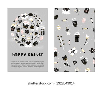 Card templates with doodle Easter icons in grey, black, white, golden, pink colors. Used clipping mask.