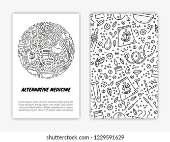 Card templates with doodle outline alternative medicine and ayurveda icons. Used clipping mask.