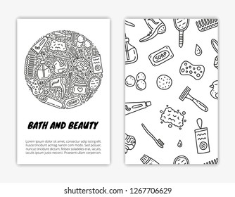 Card templates with doodle outline bathroom and hygiene icons. Used clipping mask.