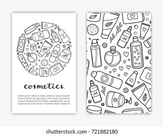 Card templates with doodle outline beauty products and cosmetics. Used clipping mask.