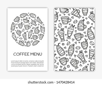 Card templates with doodle outline coffee drinks. Used clipping mask.