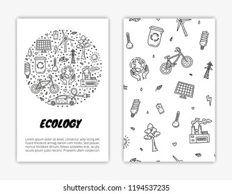 Card templates with doodle outline ecology icons. Used clipping mask.