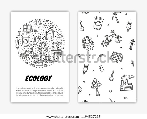 Card templates with doodle outline ecology icons.\
Used clipping mask.