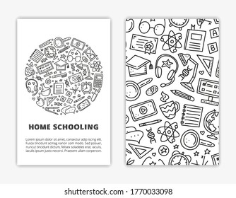 Card templates with doodle outline education, e-learning icons including computer, phone, ruler, globe, divider, lamp, headphones, calculator, hourglass, book, etc. Used clipping mask.