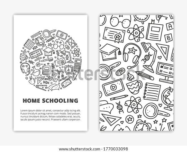 Card templates with doodle outline education,\
e-learning icons including computer, phone, ruler, globe, divider,\
lamp, headphones, calculator, hourglass, book, etc. Used clipping\
mask.