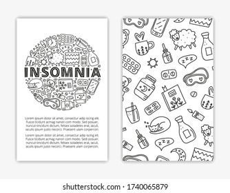 Card templates with doodle doodle outline insomnia and bed time icons including pillow, clock, milk, sheep, moon, pills, book, smartphone, cat, sleep mask, teddy bear, etc. Used clipping mask.