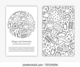 Card templates with doodle outline items for sleep and insomnia. Used clipping mask.
