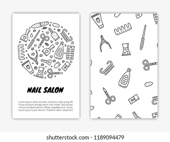 Card templates with doodle outline nail salon icons. Used clipping mask.