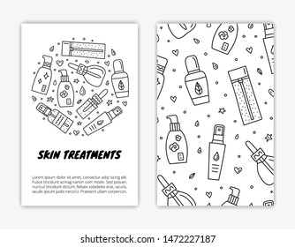 Card templates with doodle outline skin care serum, ampoule, essence bottles. Used clipping mask.