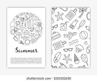 Card templates with doodle outline summer and vacation items. Used clipping mask.