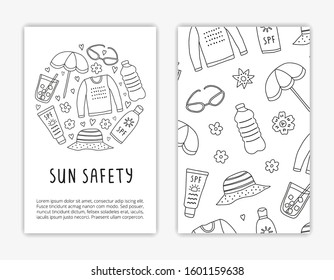 Card templates with doodle outline sun safety icons. Used clipping mask.