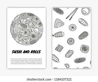 Card templates with doodle outline sushi and rolls. Used clipping mask.