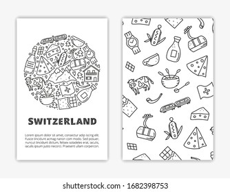 Card templates with doodle outline Switzerland travel icons. Used clipping mask.