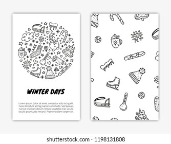 Card templates with doodle outline winter icons. Used clipping mask.
