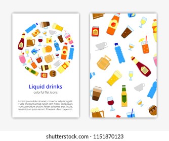 Card templates with flat colorful liquid drinks. Used clipping mask.