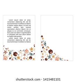 Card templates with fruits, leaves and flowers. Cartoon vector illustration in flat style. Invitation, greeting card, articles backgrounds.