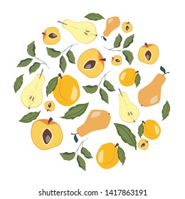 Card templates with fruits, leaves and flowers. Pears, peach and apricot. Cartoon vector illustration in flat style. farm market invitation, greeting card, articles backgrounds.