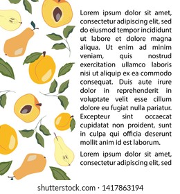 Card templates with fruits, leaves and flowers. Pears, peach and apricot. Cartoon vector illustration in flat style. farm market invitation, greeting card, articles backgrounds.