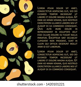 Card templates with fruits, leaves and flowers. Pears, peach and apricot. Cartoon vector illustration in flat style. farm market invitation, greeting card, articles backgrounds.