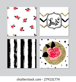 Card templates with gold foil and hand lettering. Good as invitations or greeting cards. Patterns are seamless.