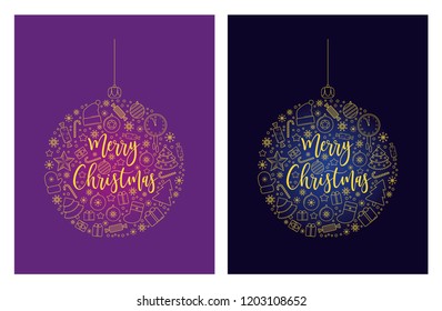 Card templates, golden elements in round ornament shape, merry Christmas message, on dark blue and purple background, for corporate greeting, many holiday symbols, fir tree, snowflakes, clock, etc.