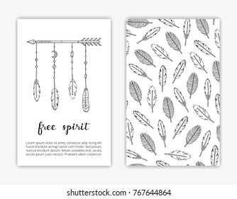 Card templates with hand drawn boho indian feathers on the arrow. Used clipping mask.