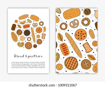 Card templates with hand drawn colored bread and pastries. Used clipping mask.