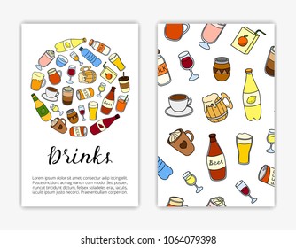 Card templates with hand drawn colored liquid drinks. Used clipping mask.