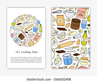 Card templates with hand drawn colored cooking ingredients. Used clipping mask.