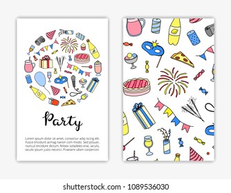 Card templates with hand drawn colored party items. Used clipping mask.