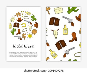 Card templates with hand drawn colored Wild West elements. Used clipping mask.