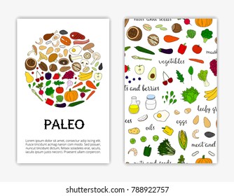 Card templates with hand drawn colored paleo diet foods. Used clipping mask.
