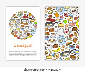 Card templates with hand drawn colorful breakfast dishes. Used clipping mask.